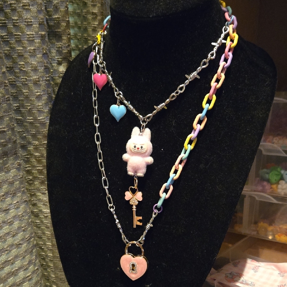 Hand Crafted Detachable Multicolor Heart and Labubu Necklace